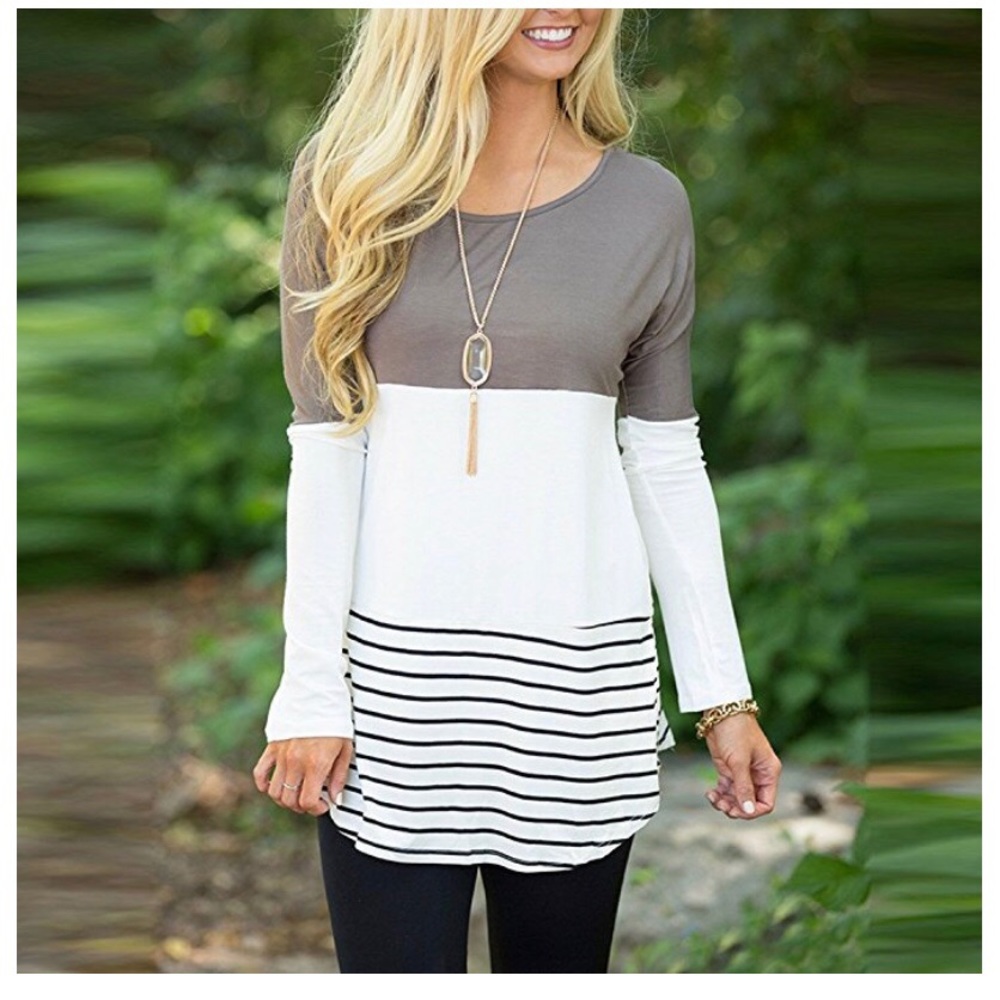 Back Lace Color Block Tops Long Sleeve T-Shirts